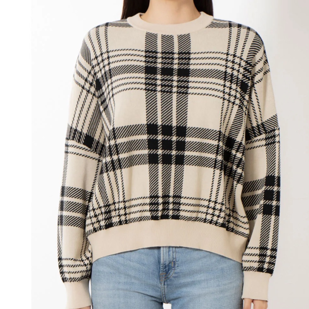Ann Taylor Oversized Houndstooth Check Camel Black Boat Neck Sweater $99 Euc Kl
